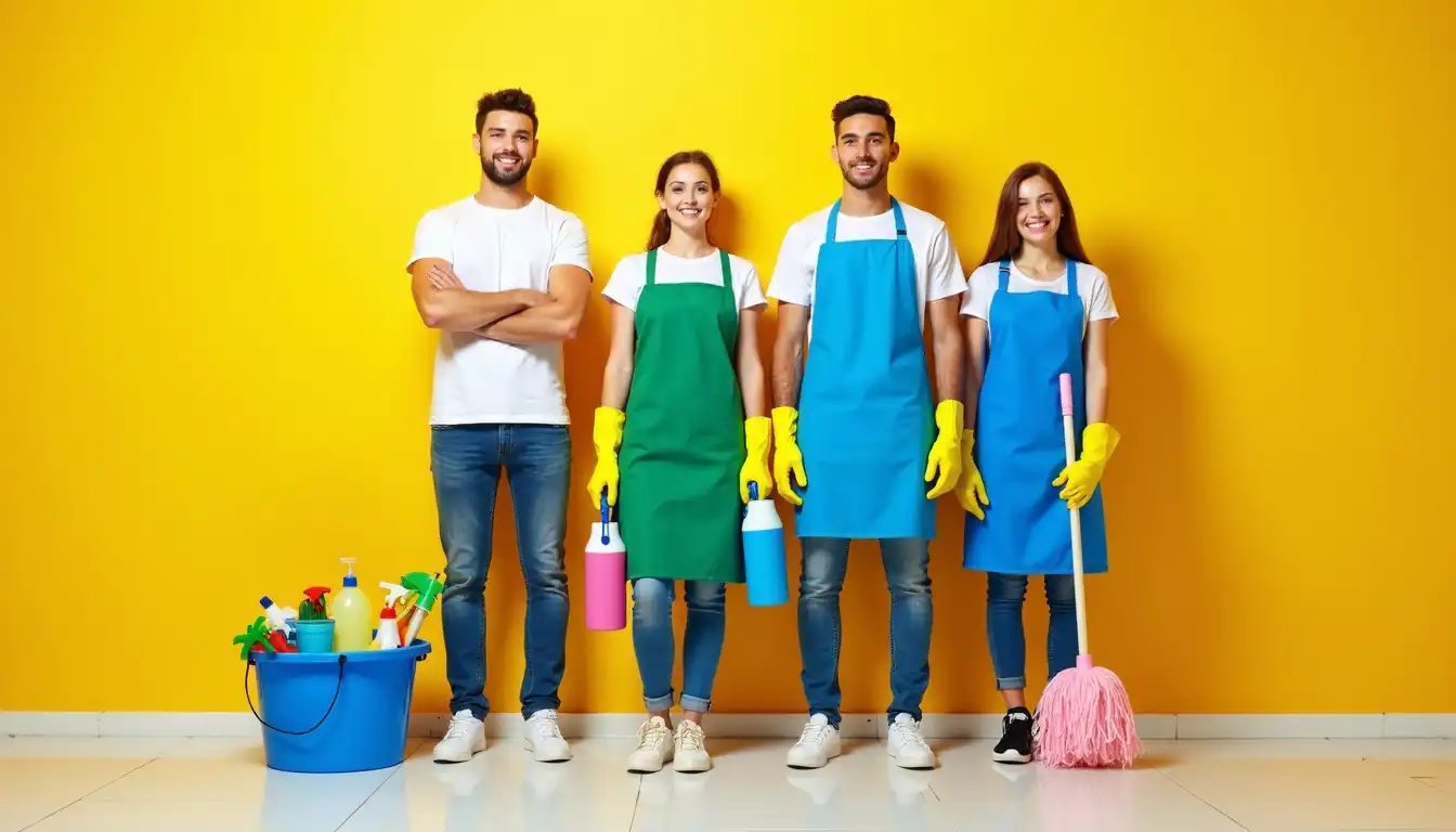 Equipe da JADD Home Clean sorrindo com uniformes